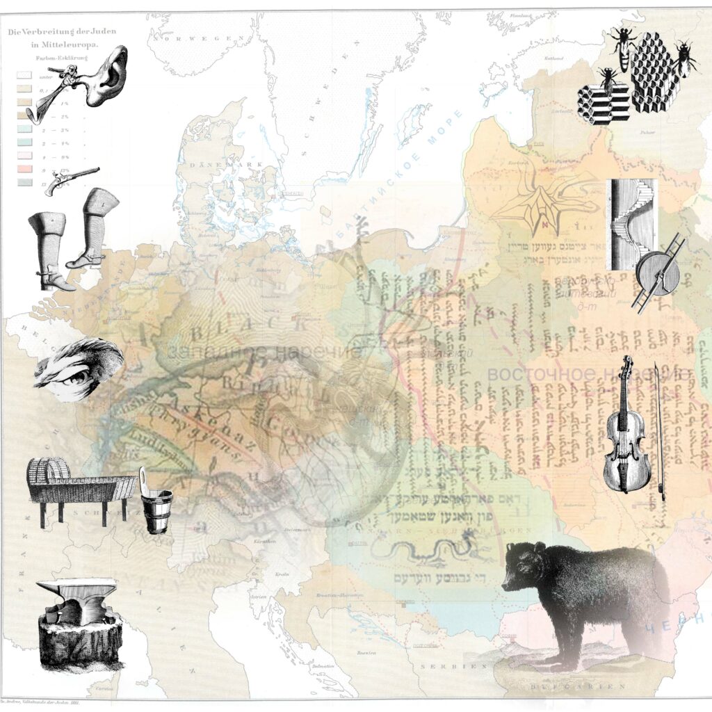 a digital collage: black-and-white drawings of an ear, tall boots, a flintlock pistol, an eye, a cradle, an anvil, bees & honeycomb, architectual elements, a violin, and a bear, over a palimpcest of text and a map of europe showing yiddish dialect boundaries