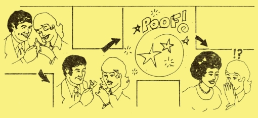 a single-panel comic in four sections: a man and woman holding a wishbone; the wishbone snapping, the man holding the larger part; a burst of stars and the word POOF!; the man transformed into a woman, with the other woman having a questionmark and exclamation point above her head.